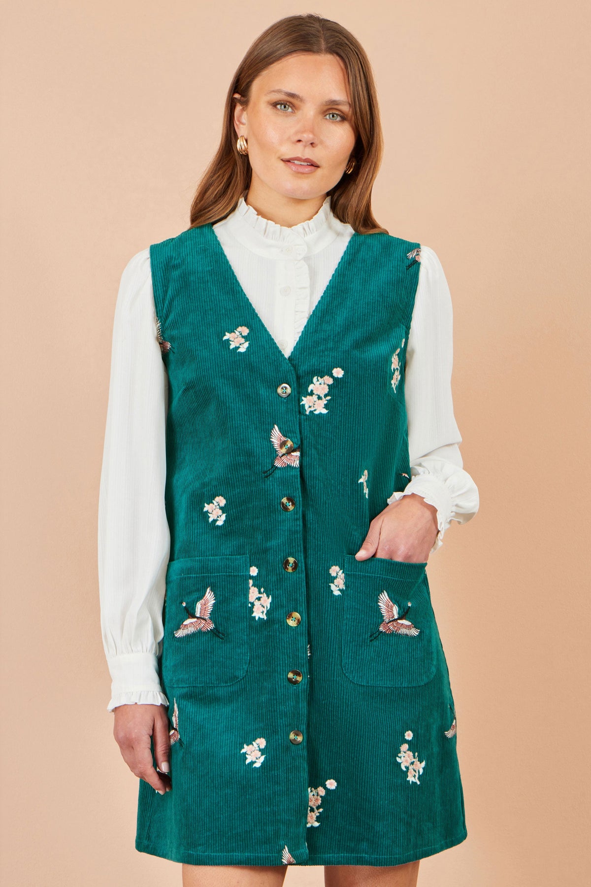 Yumi Teal Crane Embroidery Button Up Pinafore Dress