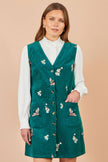 Yumi Teal Crane Embroidery Button Up Pinafore Dress