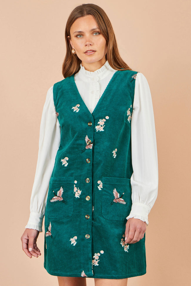 Yumi Teal Crane Embroidery Button Up Pinafore Dress
