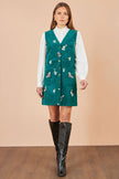 Yumi Teal Crane Embroidery Button Up Pinafore Dress