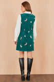 Yumi Teal Crane Embroidery Button Up Pinafore Dress