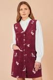Yumi Burgunderrotes Trägerkleid mit Kranich-Stickerei und Knopfleiste