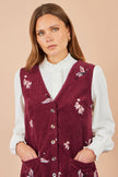 Yumi Burgunderrotes Trägerkleid mit Kranich-Stickerei und Knopfleiste