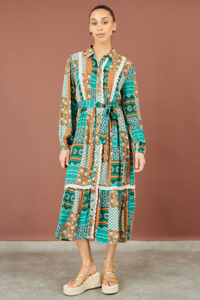 Yumi Multicolour Patchwork Viscose Midi Shirt Dress