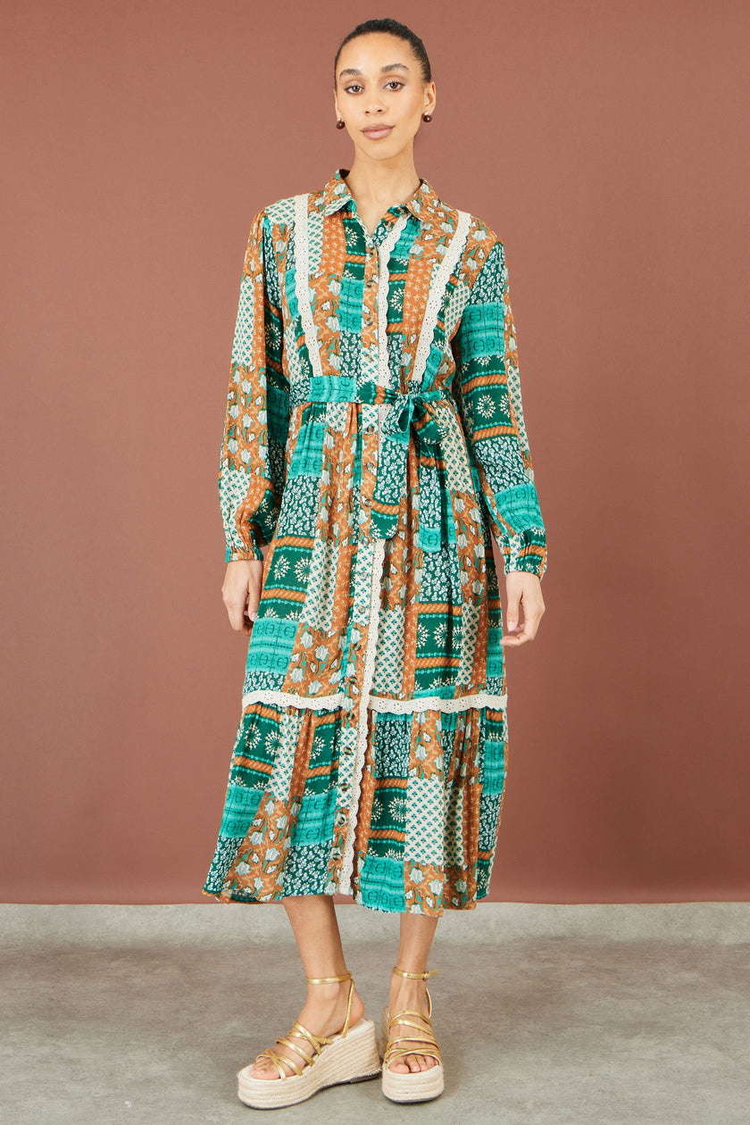 Yumi Multicolour Patchwork Viscose Midi Shirt Dress