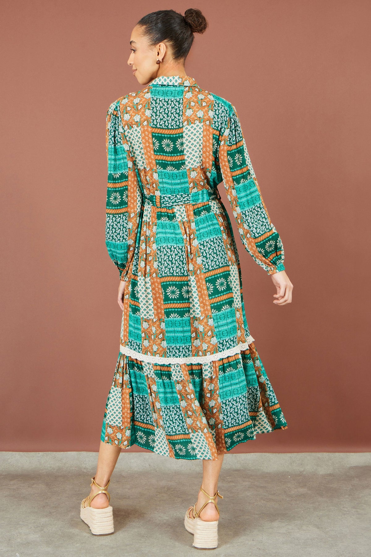Yumi Multicolour Patchwork Viscose Midi Shirt Dress