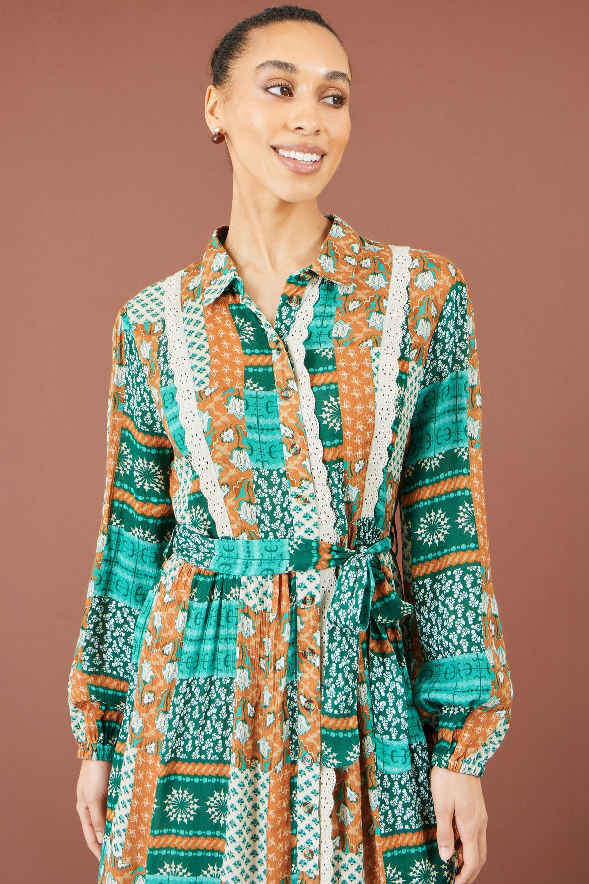 Yumi Multicolour Patchwork Viscose Midi Shirt Dress