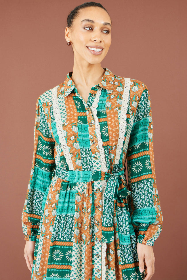 Yumi Multicolour Patchwork Viscose Midi Shirt Dress