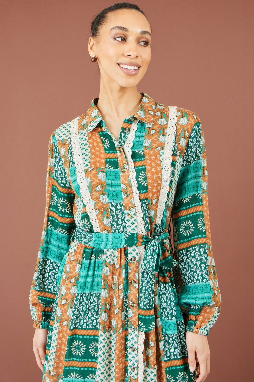 Yumi Multicolour Patchwork Viscose Midi Shirt Dress