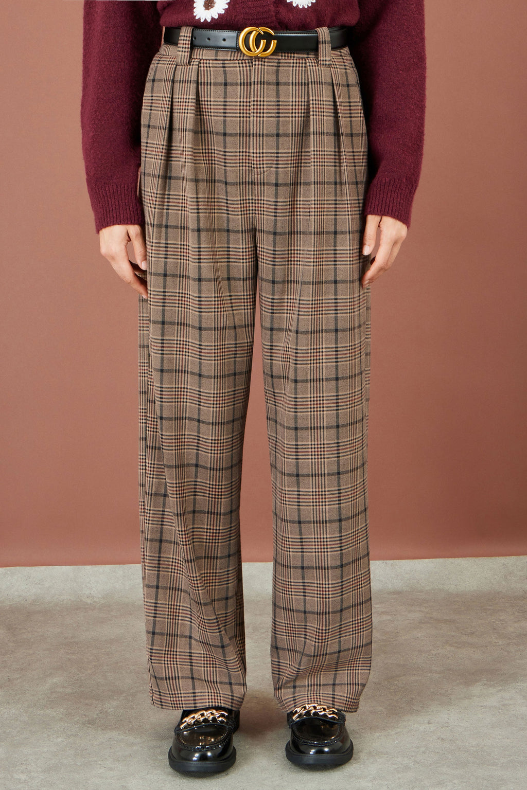 Yumi Brown Check Wide Leg Trousers