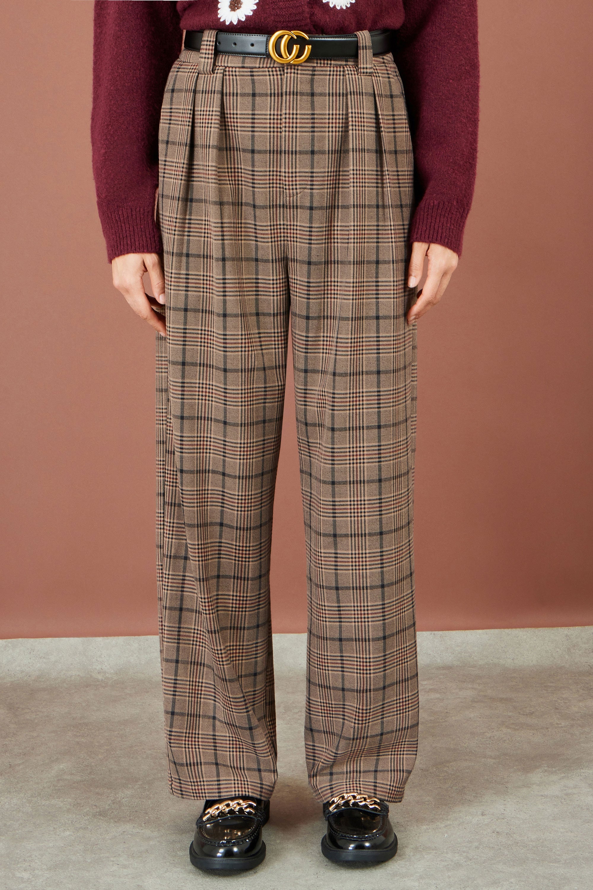 Yumi Brown Check Wide Leg Trousers