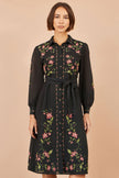 Yumi Black Floral Placement Midi Shirt Dress