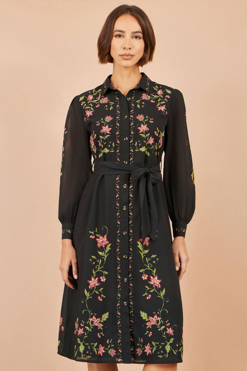 Yumi Black Floral Placement Midi Shirt Dress