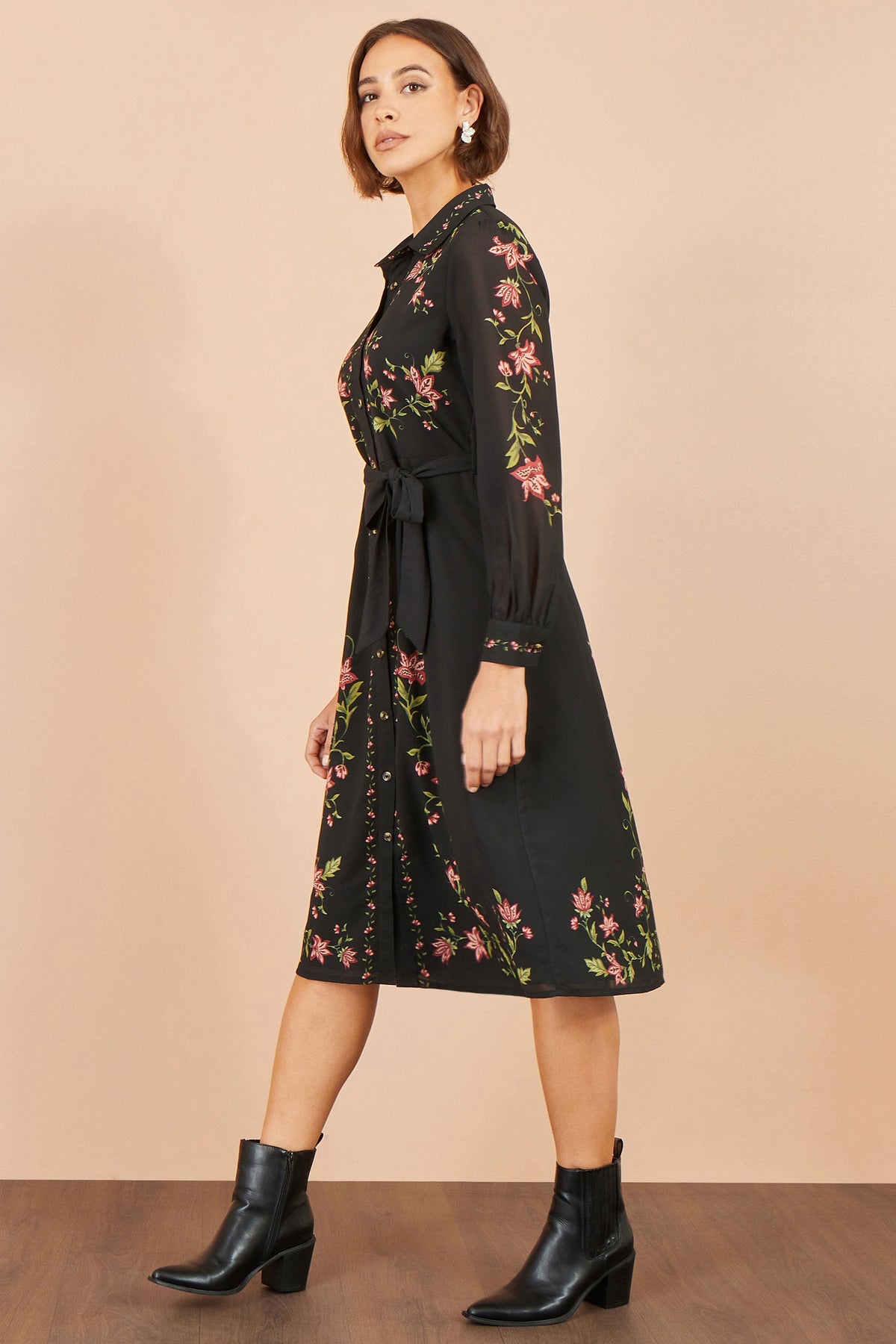 Yumi Black Floral Placement Midi Shirt Dress