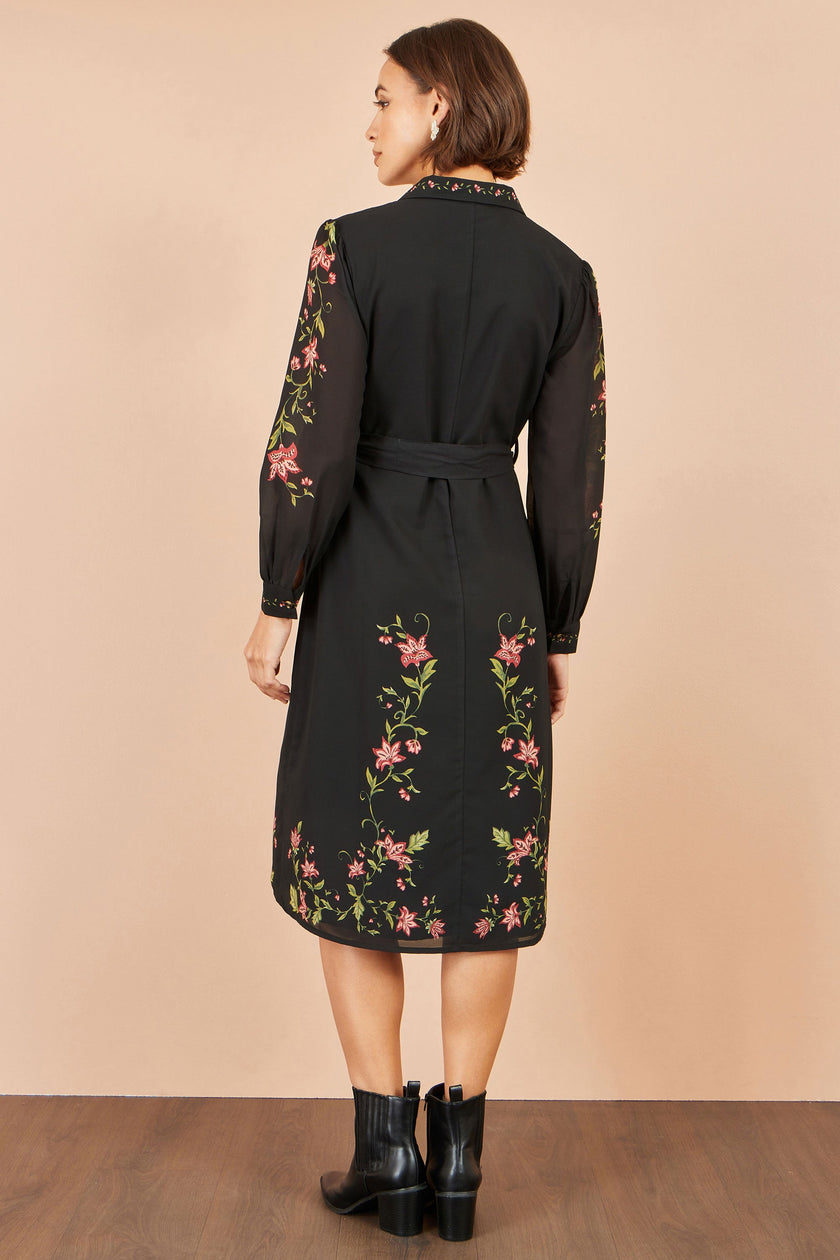 Yumi Black Floral Placement Midi Shirt Dress