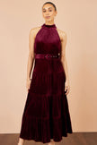 Yumi Burgundy Velvet Halter Maxi Dress With Belt