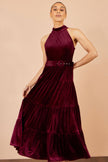 Yumi Burgundy Velvet Halter Maxi Dress With Belt