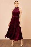 Yumi Burgundy Velvet Halter Maxi Dress With Belt