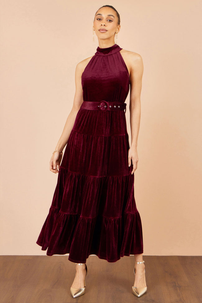 Yumi Burgundy Velvet Halter Maxi Dress With Belt