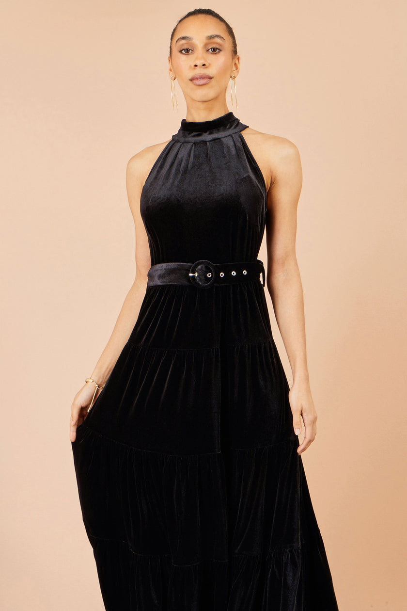 Yumi Black Velvet Halter Maxi Dress With Belt