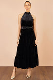 Yumi Black Velvet Halter Maxi Dress With Belt