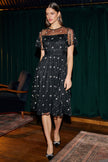 Yumi Black Embroidered Bow Mesh Prom Dress