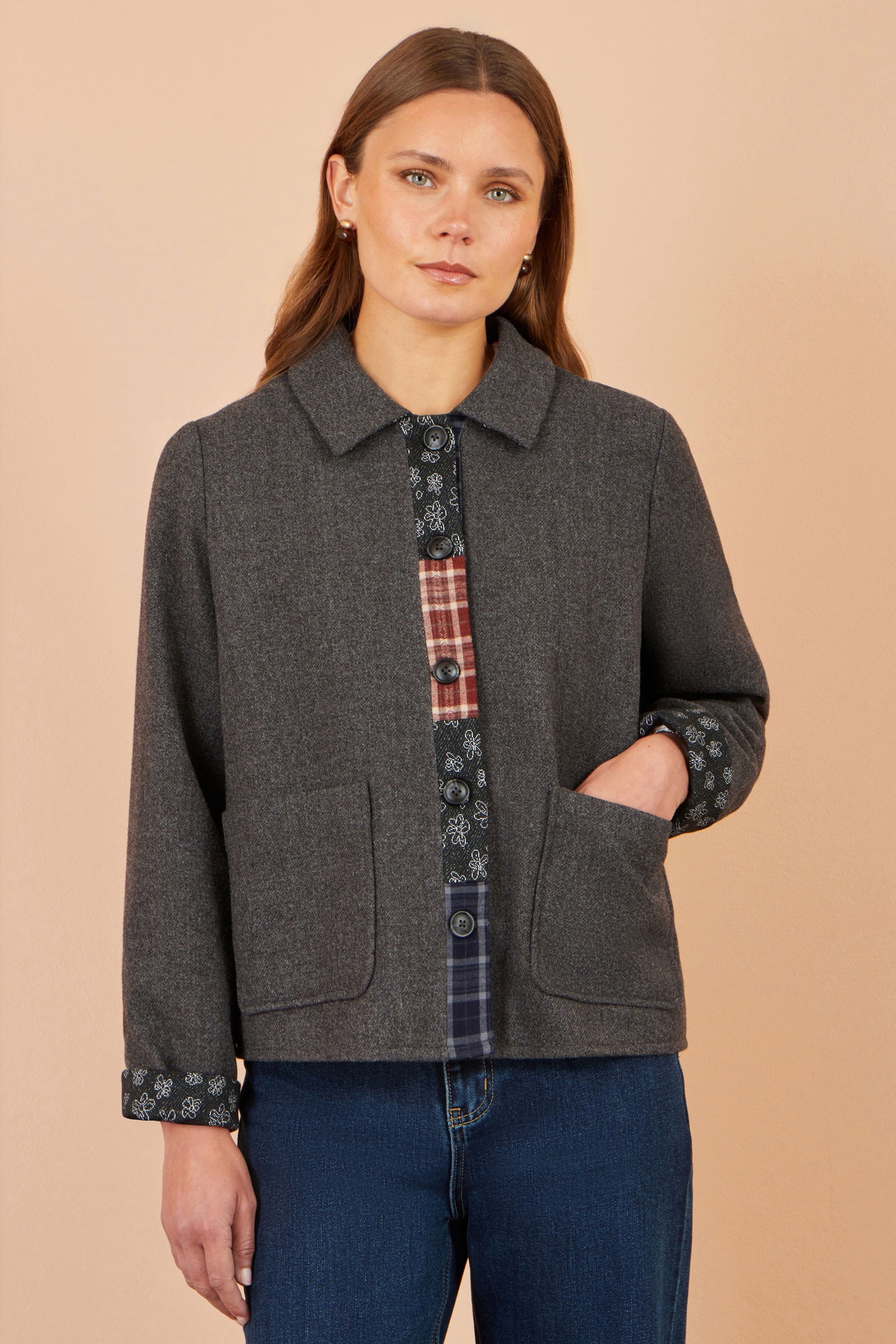 Yumi Grey Patchwork Boxy Jacket