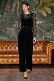 Yumi Black Lace Applique Sleeve Velvet Jumpsuit