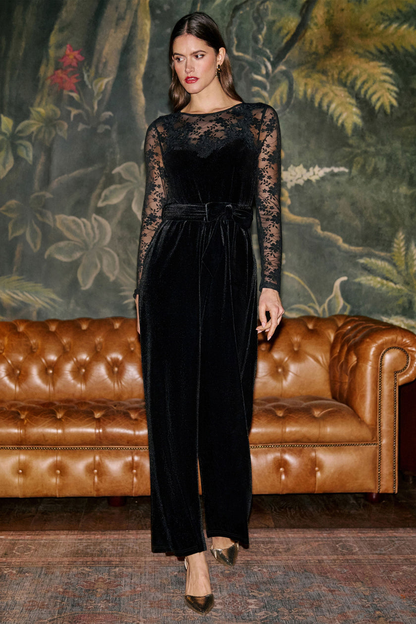 Yumi Black Lace Applique Sleeve Velvet Jumpsuit