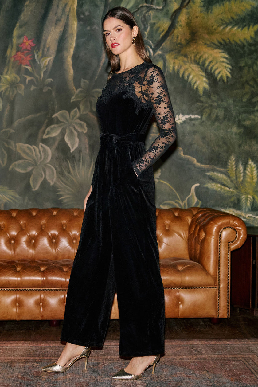 Yumi Black Lace Applique Sleeve Velvet Jumpsuit