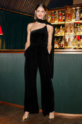 Yumi Black Velvet One Shoulder Jumpsuit With Scarf