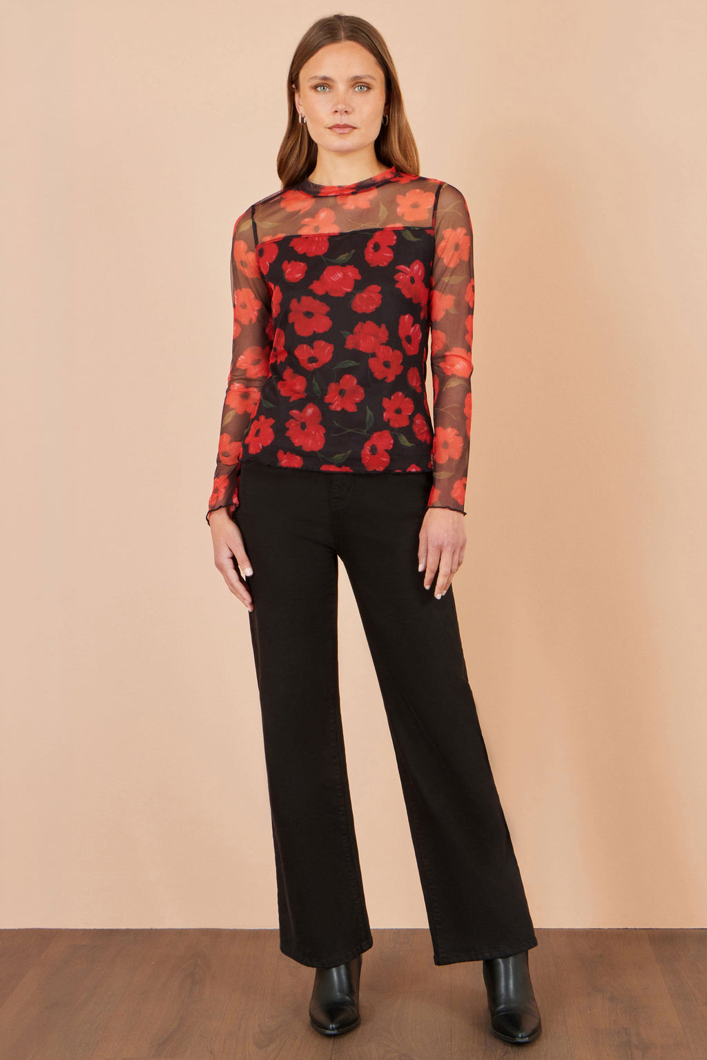 Yumi Black Poppy Mesh Top