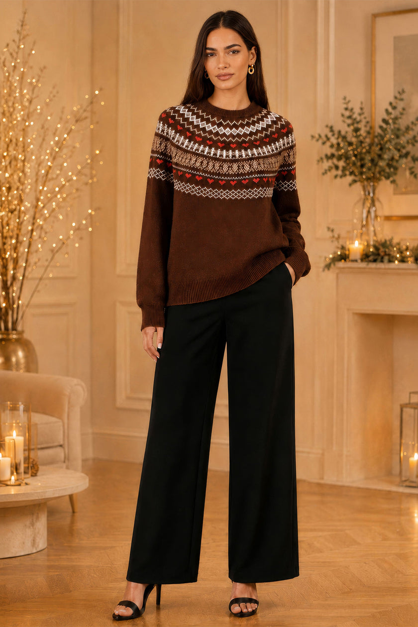 Yumi Brown Relaxed Fairisle Jumper