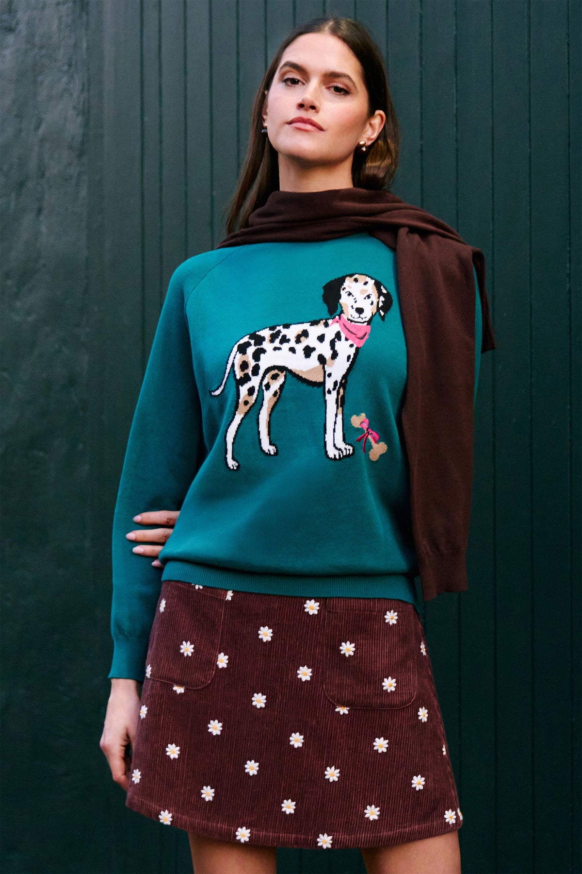 Yumi Brown Daisy Embroidered Cord Mini Skirt