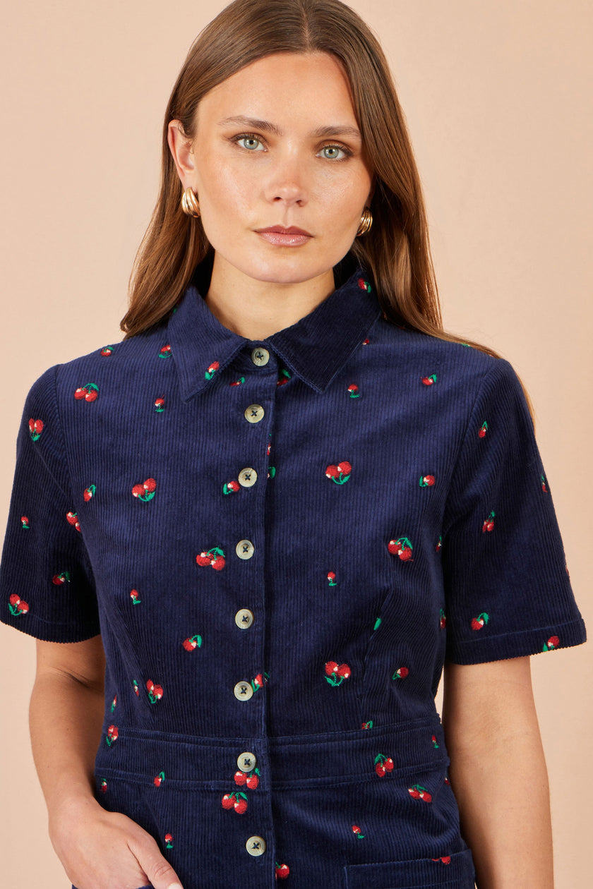 Yumi Navy Embroidered Cherry Shirt Dress