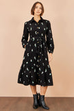 Yumi schwarzes Cordhemdkleid mit Gänseblümchen-Stickerei