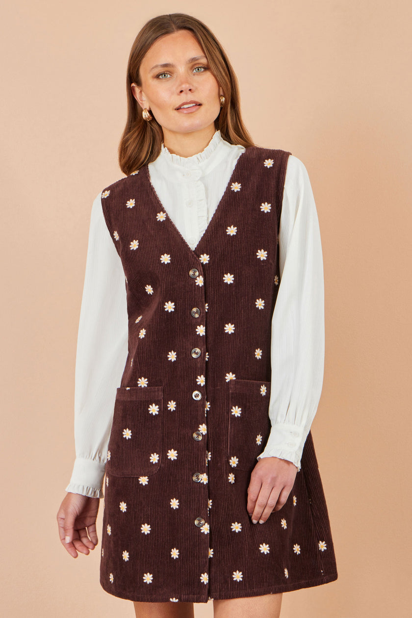 Yumi Brown Embroidered Daisy Pinafore Dress