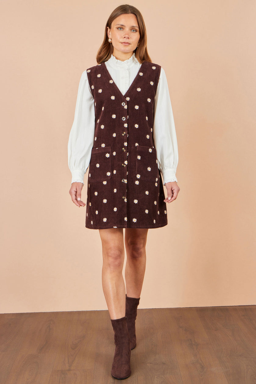 Yumi Brown Embroidered Daisy Pinafore Dress