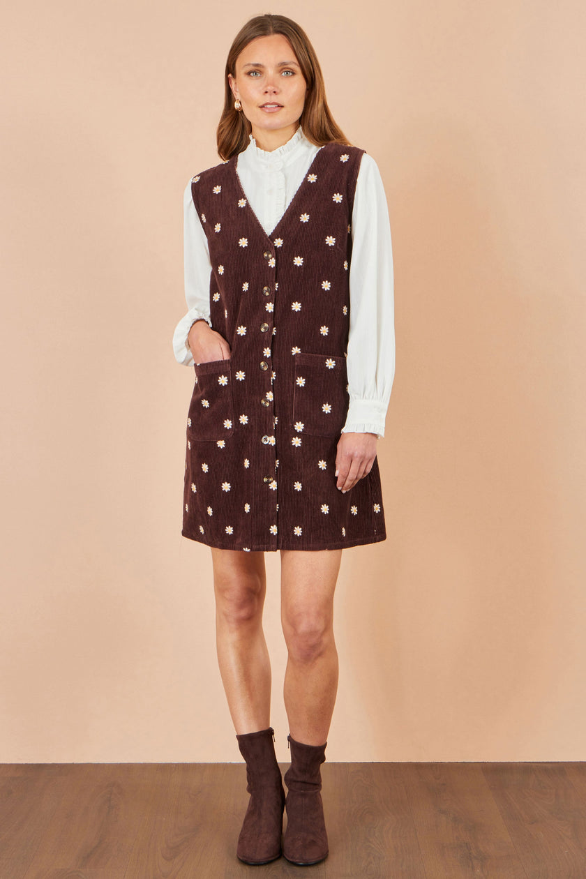 Yumi Brown Embroidered Daisy Pinafore Dress