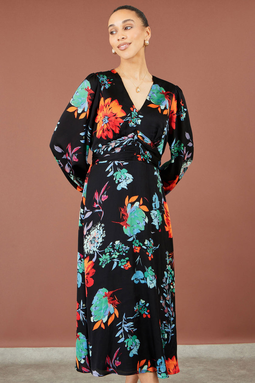 Yumi Black Floral Midi Dress With Long Sleeves