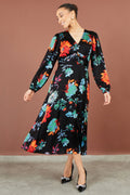 Yumi Black Floral Midi Dress With Long Sleeves