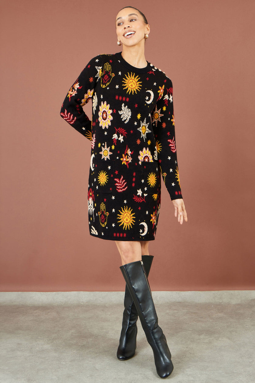 Yumi Black Cosmic Intarsia Knitted Tunic Dress