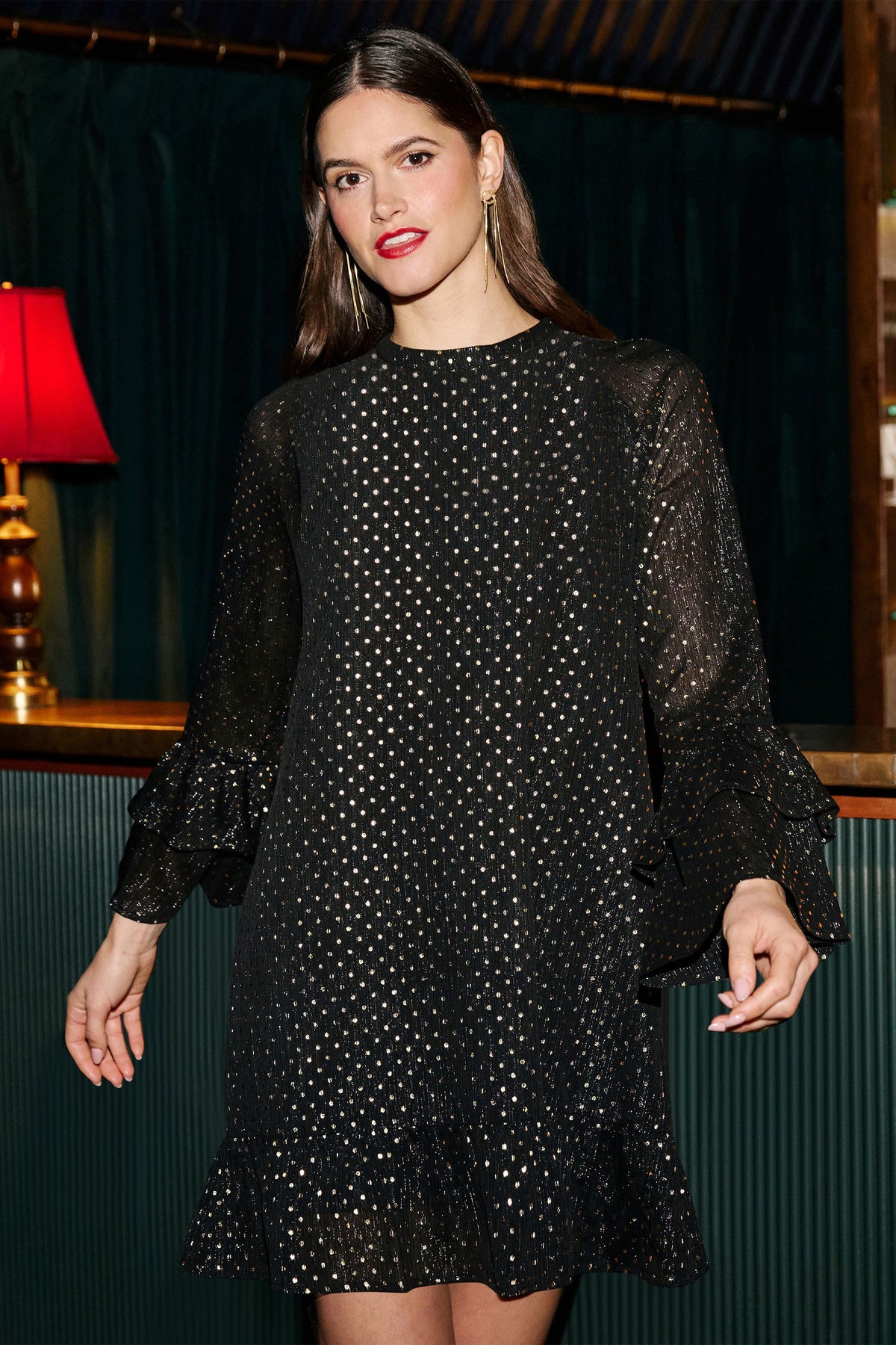 Yumi Black Foil Print Tunic With Flared Sleeves