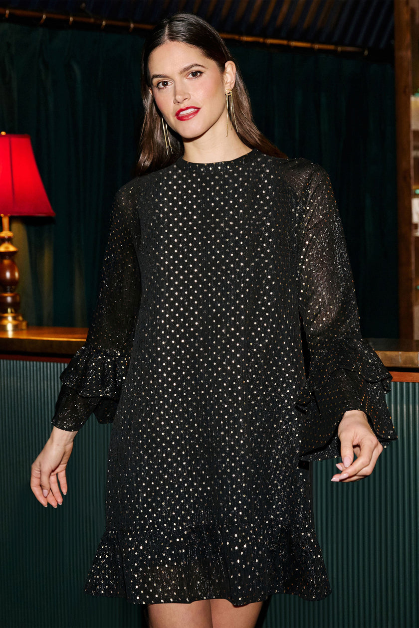 Yumi Black Foil Print Tunic With Flared Sleeves