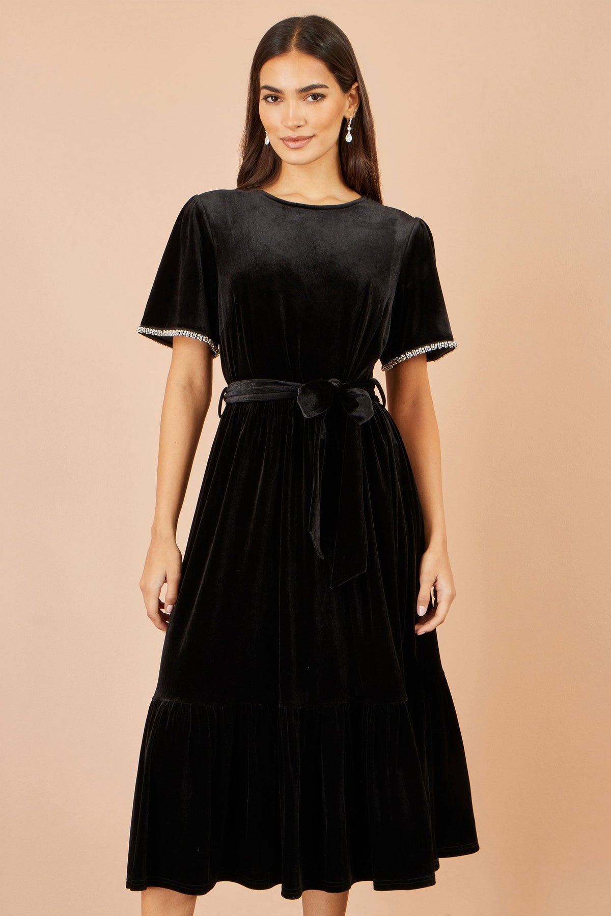 Yumi Black Velvet Midi Dress With Embellished Sleeve