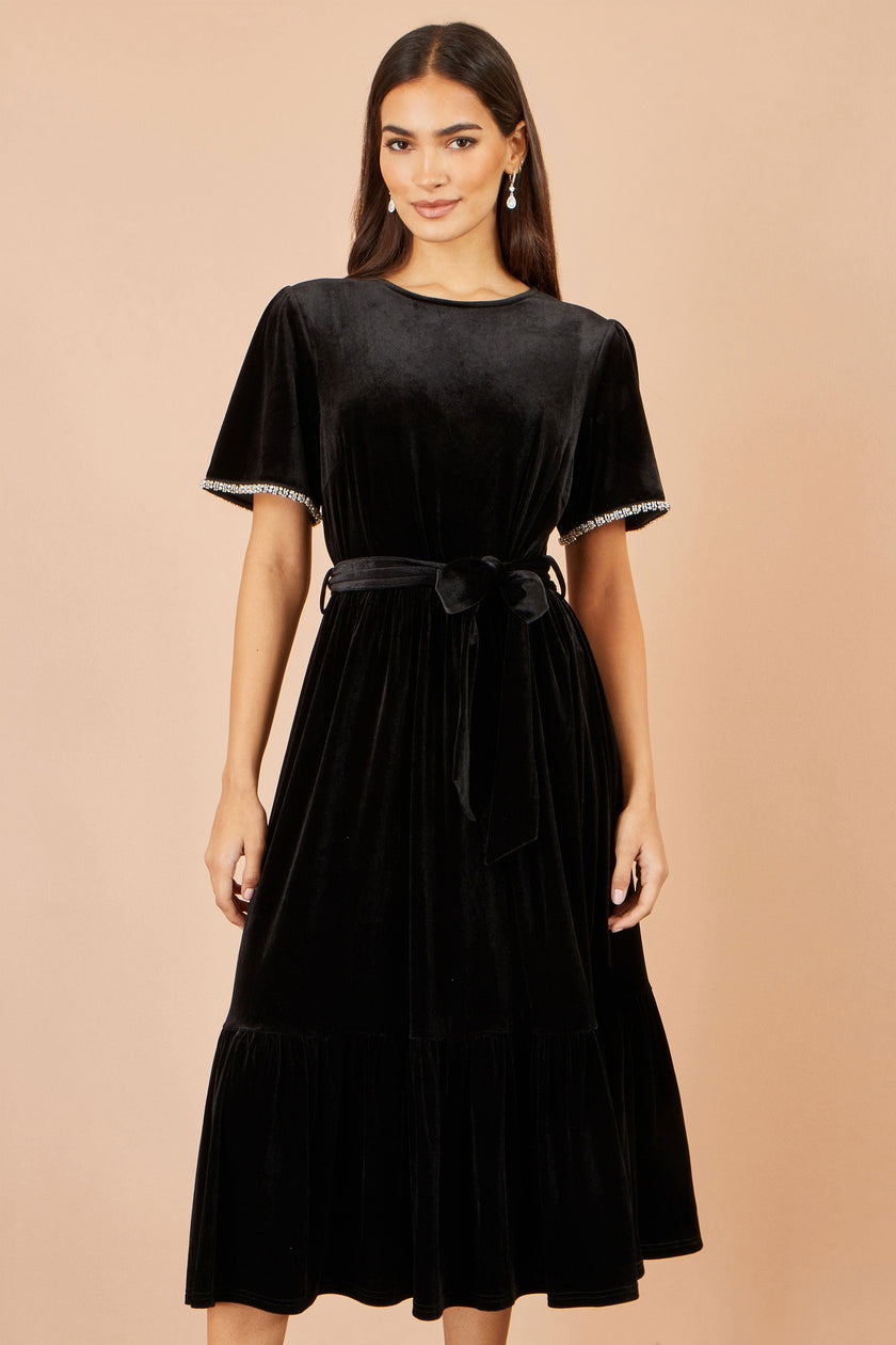 Yumi Black Velvet Midi Dress With Embellished Sleeve