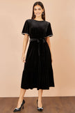Yumi Black Velvet Midi Dress With Embellished Sleeve