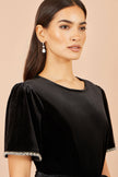 Yumi Black Velvet Midi Dress With Embellished Sleeve