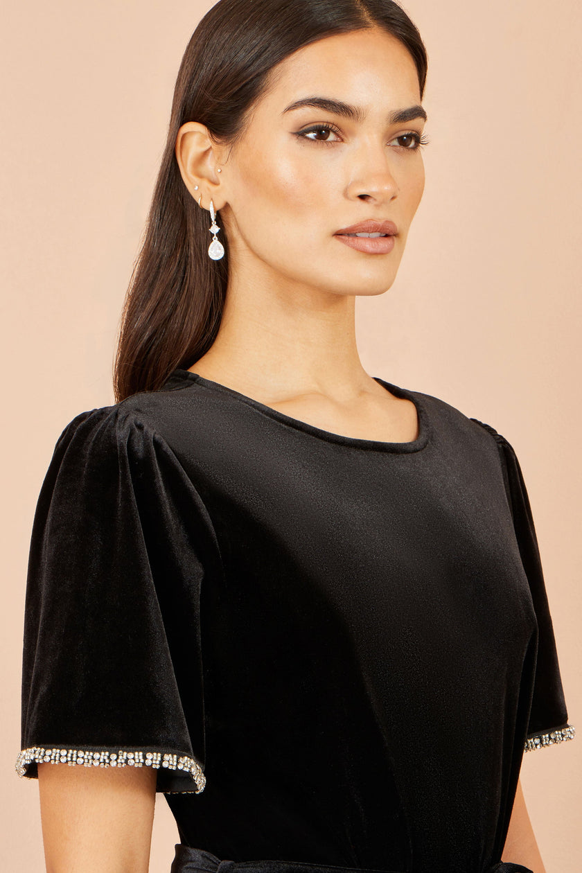 Yumi Black Velvet Midi Dress With Embellished Sleeve