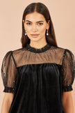 Yumi Black Velvet Mesh Embellished Top